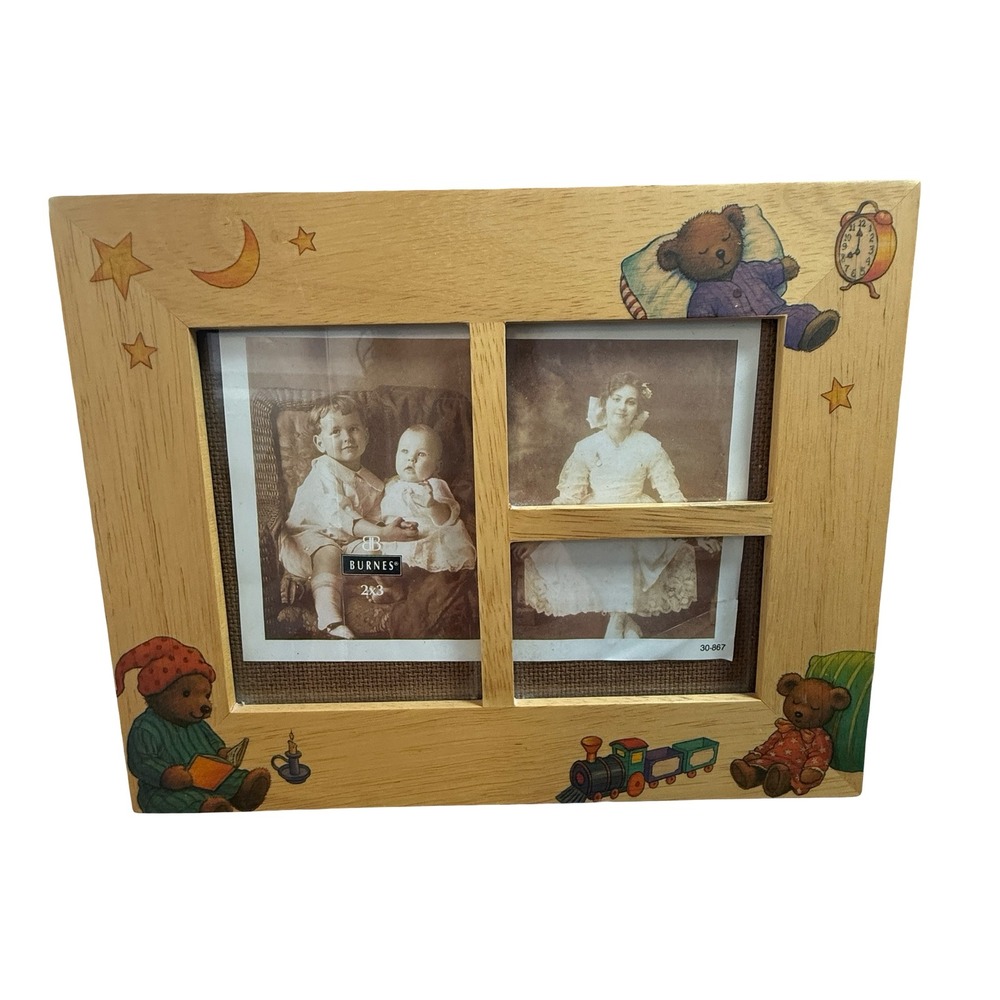 Vintage Fetco‎ 1995 Teddy Bear Wood Picture Frame Nursery Decor Train Stars 7x9